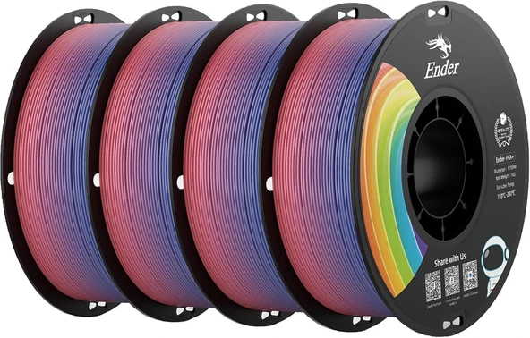 Creality Rainbow PLA+ 3D yazıcı filamenti 4 kg, 1,75 mm, boyutsal doğruluk +/- 0,02 mm, dolaşmayan ve düğümlenmeyen, renk gradyanları, çoğu FDM 3D yazıcıyla uyumlu ürün görseli 1
