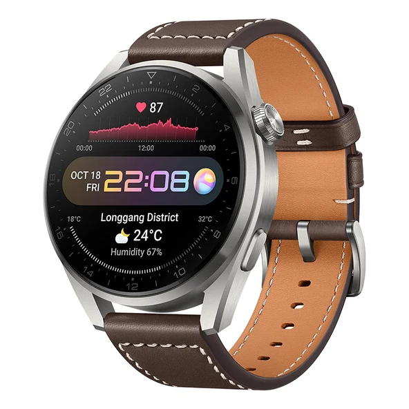 Huawei Watch 3 Pro - 4G akıllı saat, 1,43" AMOLED ekran, eSIM telefon, 5 günlük pil ömrü, 7/24 SpO2 ve kalp atış hızı ölçümü, GPS, 5ATM, 30 ay garanti, kahverengi deri kayış ürün görseli 1