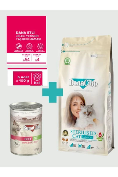 Bonacibo Sterilised Somonlu Kedi Maması 2 Kg & Sığır Etli Soslu Konserve Seti (6x400 gr) ürün görseli 1
