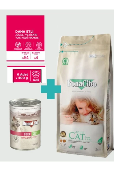 Bonacibo Yetişkin Kuzulu Kuru Mama 2 Kg & Soslu Sığır Etli Konserve Avantaj Paketi (6x400 gr) ürün görseli 1