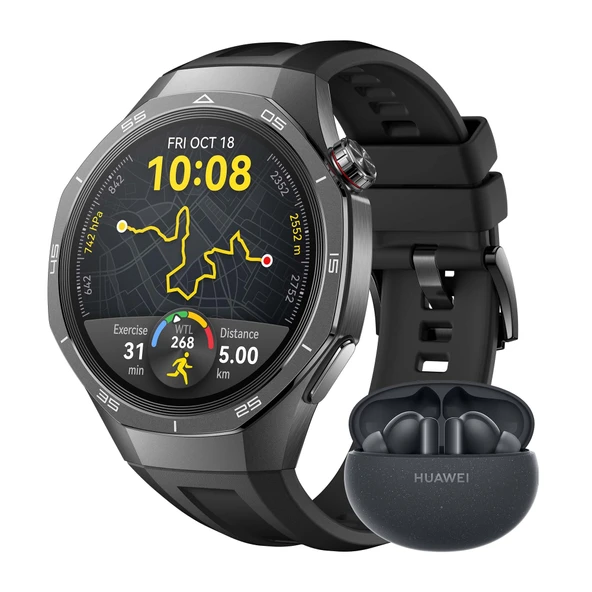 Huawei Watch GT 5 Pro 46 mm akıllı saat, sanatsal tasarım, profesyonel düzeyde spor işlevleri, sağlık takibi, EKG izleme, 14 güne kadar pil ömrü, GPS, iOS ve Android, siyah + FreeBuds 5i ürün görseli 1