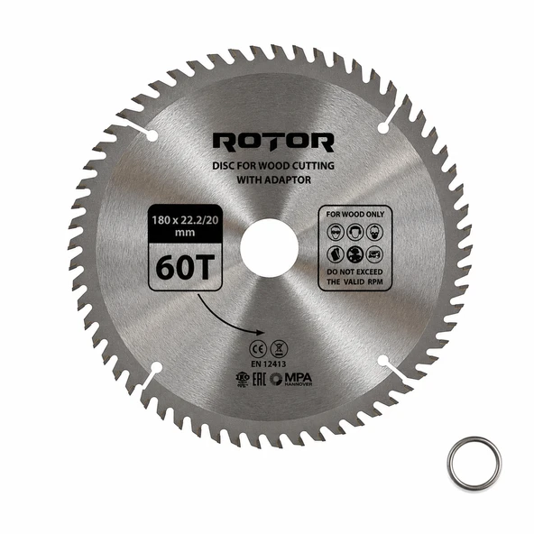 Daire Testere Bıçağı 180x22,2/20 mm 60T – Ahşap Kesim (Avuç Taşlama) Adaptörlü ürün görseli 1