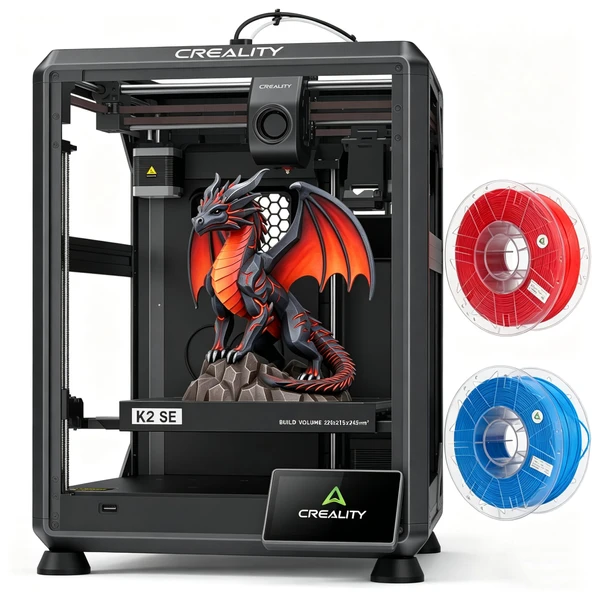 Creality K2 SE 3D yazıcı, PLA filamanlı 2 kg (rastgele renk), çok renkli baskıyı destekler, CFS gerektirir, 500 mm/s yüksek hızlı baskı, otomatik seviyelemeli baskı hacmi 220 x 215 x 245 mm ürün görseli 1