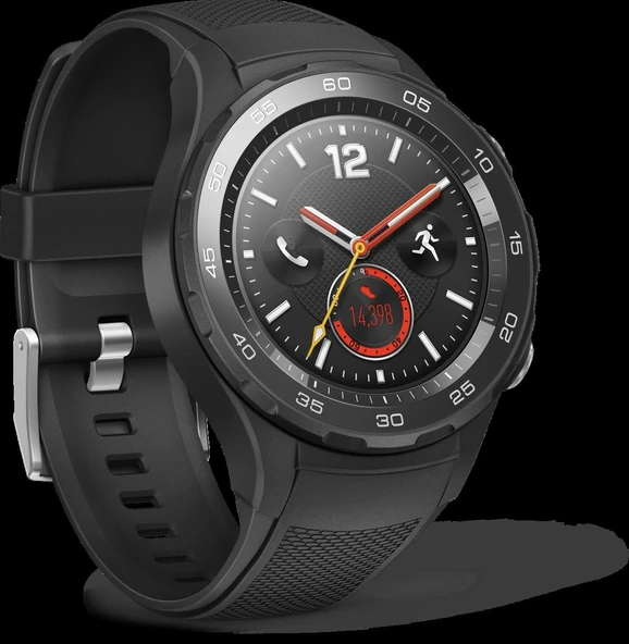 Siyah spor bileklikli Huawei Watch 2 (4G) akıllı saat (SIM desteği, NFC, Bluetooth, WLAN, Google'dan Android Wear/Wear OS) karbon siyahı ürün görseli 1