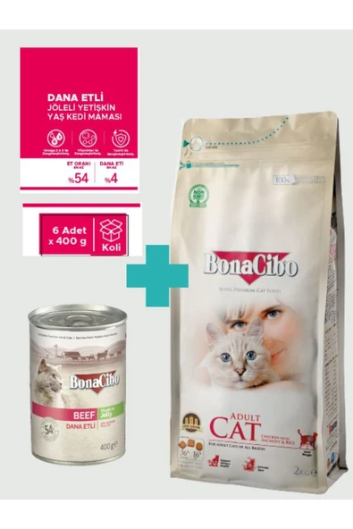 Bonacibo Yetişkin Tavuklu Kuru Mama 2 Kg & Sığır Etli Soslu Konserve Seti (6x400 gr) ürün görseli 1
