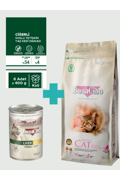 Bonacibo Kısırlaştırılmış Tavuklu Kedi Maması 2 Kg + 6 Adet 400 gr Ciğerli Yaş Mama ürün görseli 1