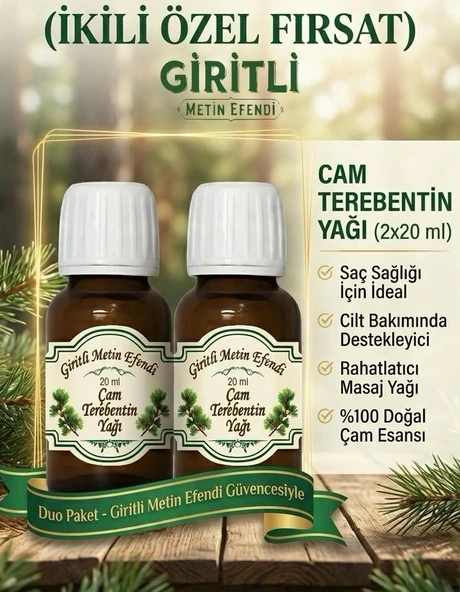 Giritli Metin Efendi 2 Şişe %100 Saf Çam Terebentin Yağı 2X20 ml - Saç ve Cilt Bakımı Için Canlandırıcı Doğal Bakım Yağı ürün görseli 1