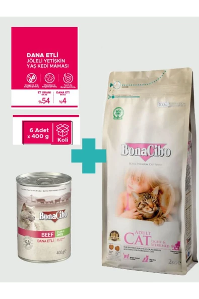 Bonacibo Kısırlaştırılmış Tavuklu Kedi Maması 2 Kg + 6 Adet 400 gr Sığır Etli Yaş Mama Seti ürün görseli 1