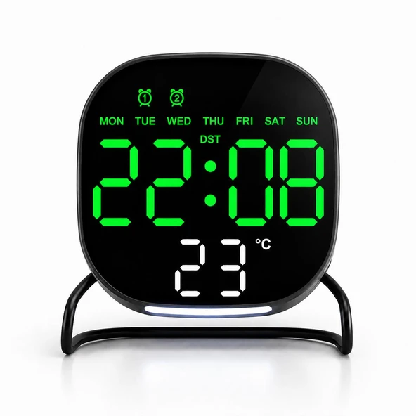Valkyrie Dijital Yeşil LED Siyah Masa Saati Alarm Beyaz Derece 3 Kademe Işık, USB Destekli Modern Gece Lambalı Saat ürün görseli 1