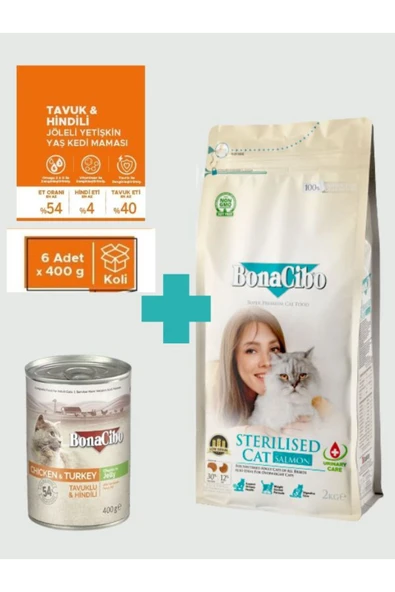 Bonacibo Kısırlaştırılmış Somonlu Kuru Mama 2 Kg + Tavuklu & Hindili Yaş Mama 400g x 6 Adet ürün görseli 1