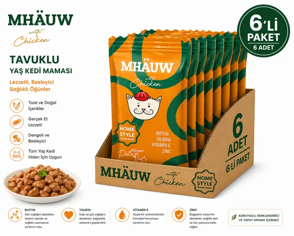 MHAUW Tavuklu Kıyılmış Pouch Yetişkin Kedi Konservesi 80 Gr 6'lı Paket ürün görseli 1