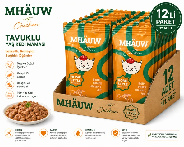 MHAUW Tavuklu Kıyılmış Pouch Yetişkin Kedi Konservesi 80 Gr 12'li Paket ürün görseli 1
