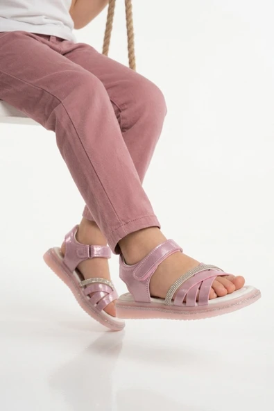Pembe Cırtlı Kız Çocuk Düz Sandalet ürün görseli 1