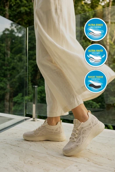 Bej Anorak Bağcıklı Kadın Sneaker - Resim 3