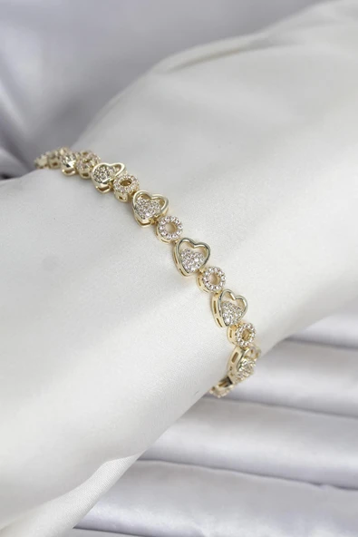 Pirinç Zirkon Taşlı Kalp Şekilli Kadın Bileklik (Gold Renk) ürün görseli 1