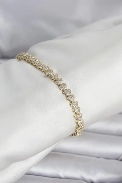 Pirinç Kalp Şekilli Sıralı Zirkon Taşlı Kadın Bileklik (Gold Renk) ürün görseli 1