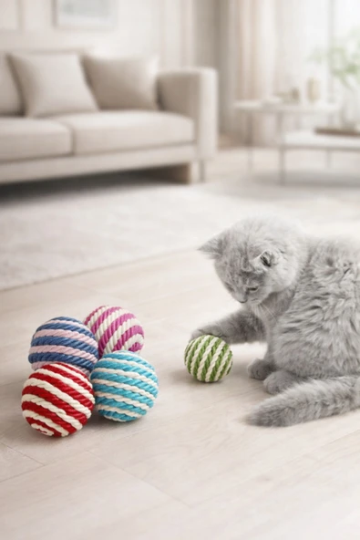 5 Adet İp Sarımlı Kedi Topu | Sessiz, Dayanıklı, Renkli Oyun Topları | Ev Kedileri İçin Oyuncak ürün görseli 1