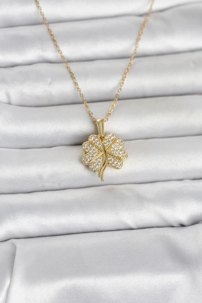 Gold Renk Açılabilir Yonca Şekilli Zirkon Taşlı Kadın Kolye (316L Çelik) ürün görseli 1