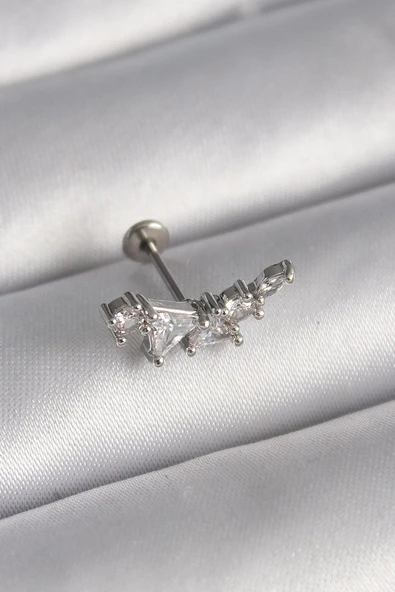 316L Çelik Gümüş Renk Zirkon Taşlı Tragus Piercing ürün görseli 1