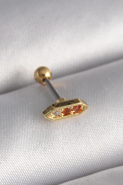 316L Çelik Gold Renk Turuncu Zirkon Taşlı Tragus Piercing ürün görseli 1