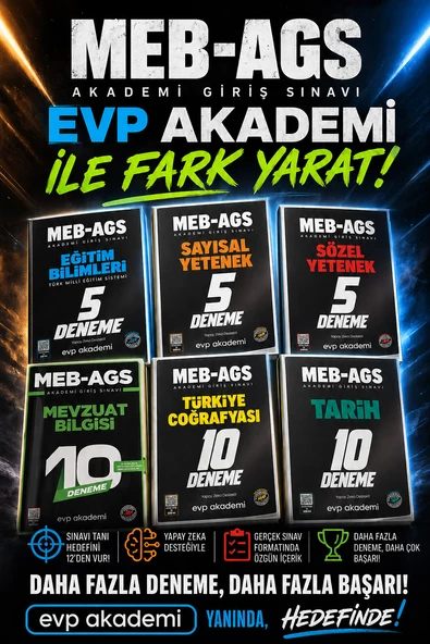 EVP Akademi 2026 Tüm Dersler Deneme Eğitim Bilimleri, Tarih, Türkiye Coğrafyası, Sözel Yetenek, Sayısal Yetenek, Mevzuat Bilgisi 45 Deneme Seti ürün görseli 1