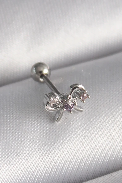 316L Çelik Gümüş Renk Zirkon Taşlı Kurdele Tragus Piercing ürün görseli 1