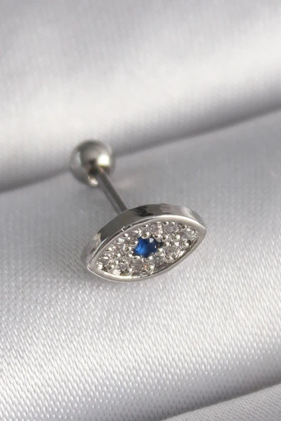 316L Çelik Gümüş Renk Zirkon Taşlı Göz Tragus Piercing ürün görseli 1