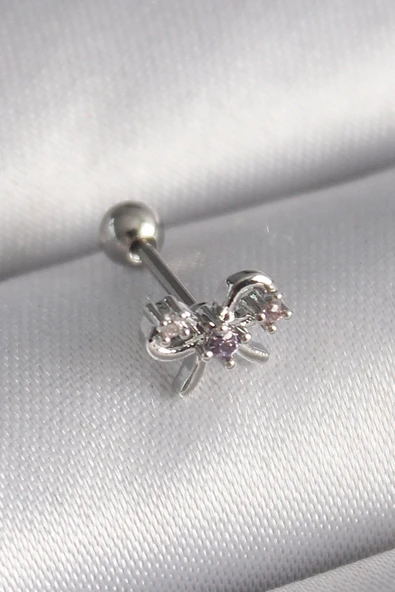 316L Çelik Gümüş Renk Zirkon Taşlı Kurdele Tragus Piercing ürün görseli 1