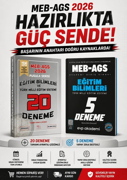 CBA Yayınları 2026 MEB-AGS Eğitim Bilimleri ve Türk Eğitim Sistemi 20 Deneme & EVP Akademi Eğitim Bilimleri ve Türk Milli Eğitim Sistemi 5 Deneme Seti ürün görseli 1
