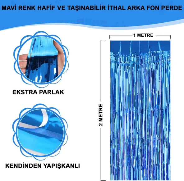 Mavi Renk Ekstra Metalize Parlak Saçaklı Arka Fon Perde İthal A Kalite 1x2 Metre NessiWorld ürün görseli 1