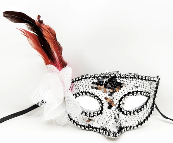 Gümüş Renk Yandan Tüylü Güllü Gümüş Taşlı Pullu Maske 20x22 cm ürün görseli 1
