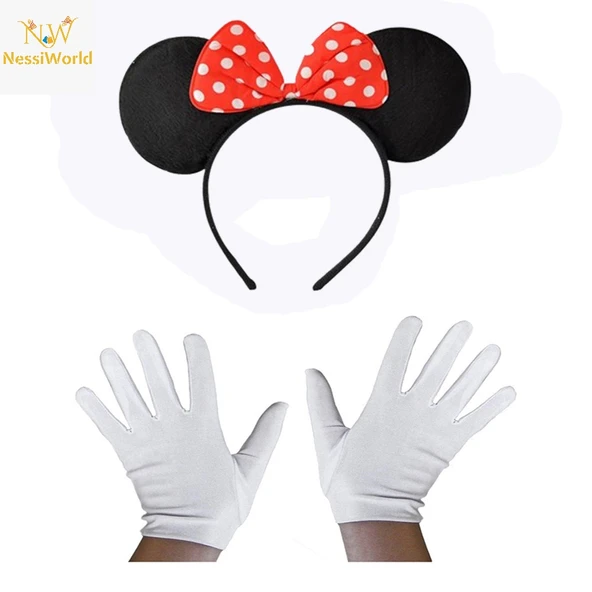 Kırmızı Fiyonklu Minnie Mouse Tacı ve Beyaz Eldiven Seti ürün görseli 1