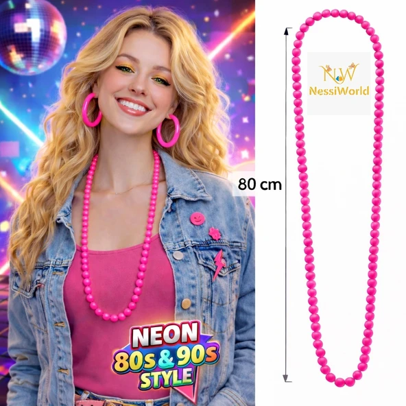Neon Pembe Boncuk Kolye 80 cm – Retro 80’ler 90’lar Parti Aksesuarı ürün görseli 1