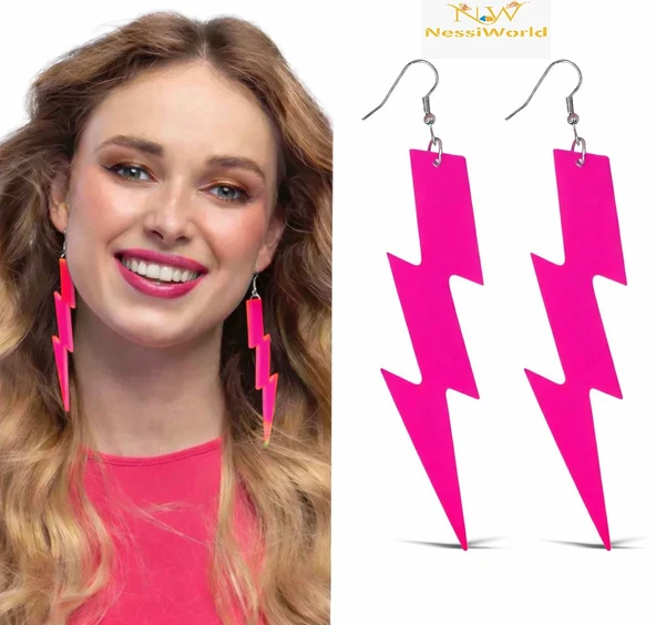 80’ler 90'lar Retro Neon Pembe Şimşek Küpe 10 cm ürün görseli 1