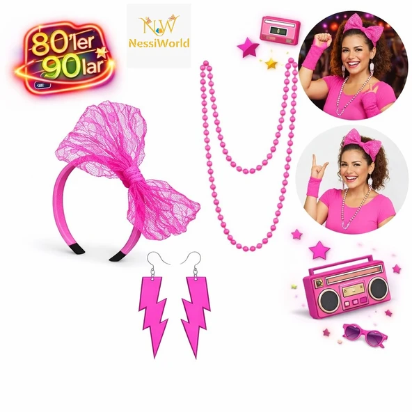 80’ler 90’lar Neon Pembe Parti Seti – Kolye Küpe Taç ürün görseli 1
