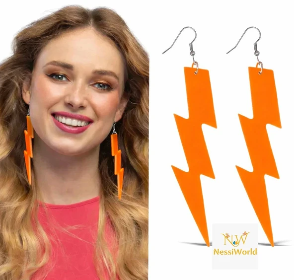 80’ler 90'lar Retro Neon Turuncu Şimşek Küpe 10 cm ürün görseli 1