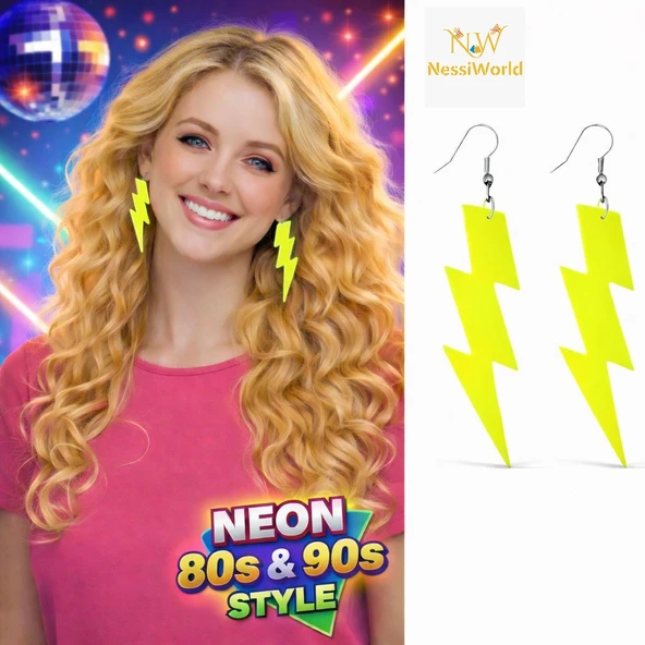 80’ler 90'lar Retro Neon Sarı Şimşek Küpe 10 cm ürün görseli 1