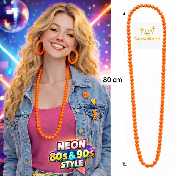 Neon Turuncu Boncuk Kolye 80 cm – Retro 80’ler 90’lar Parti Aksesuarı ürün görseli 1