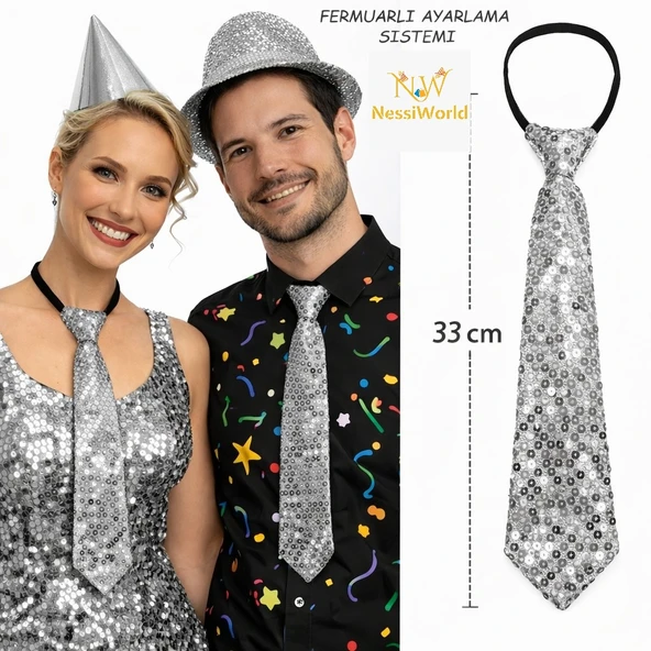 Gümüş Renk Pul Payetli Işıltılı Parti Kravatı 33 cm ürün görseli 1