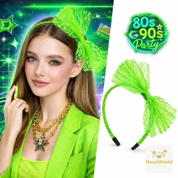 80’ler 90’lar Neon Yeşil Dantel Taç Fiyonklu ürün görseli 1