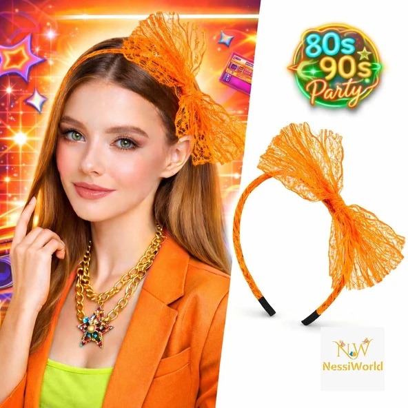 80’ler 90’lar Neon Turuncu Dantel Taç Fiyonklu ürün görseli 1