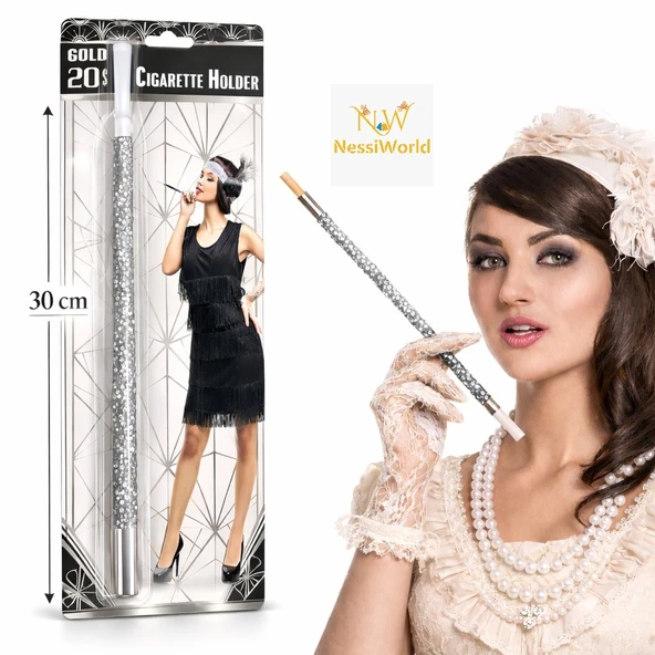 30 cm Gümüş Payetli Sigara Tutacağı – 1920’ler Gatsby Parti Aksesuarı ürün görseli 1