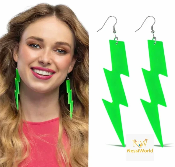 80’ler 90'lar Retro Neon Yeşil Şimşek Küpe 10 cm ürün görseli 1
