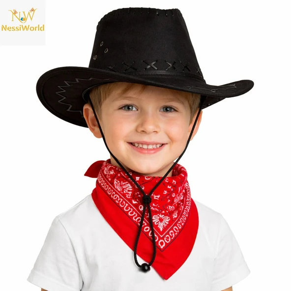 Çocuk Kovboy Şapka Siyah & Kırmızı Bandana Seti ürün görseli 1