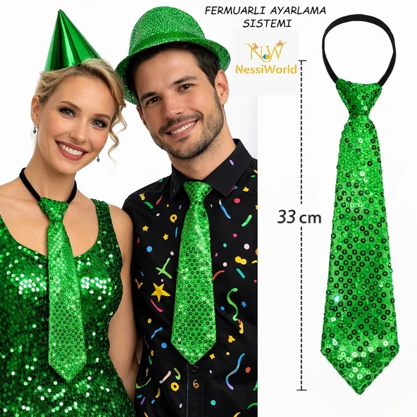 Yeşil Renk Pul Payetli Işıltılı Parti Kravatı 33 cm ürün görseli 1