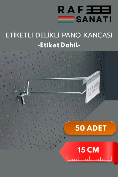 15 CM, Etiketli Delikli Pano Kancası 50 ADET, Tel Askı Kancası, Delikli Panel Raf Askısı, Fon Kancası ürün görseli 1