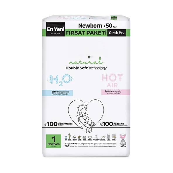 Natural Double Soft Bebek Bezi Fırsat Paketi 1 Beden 50 Adet ürün görseli 1