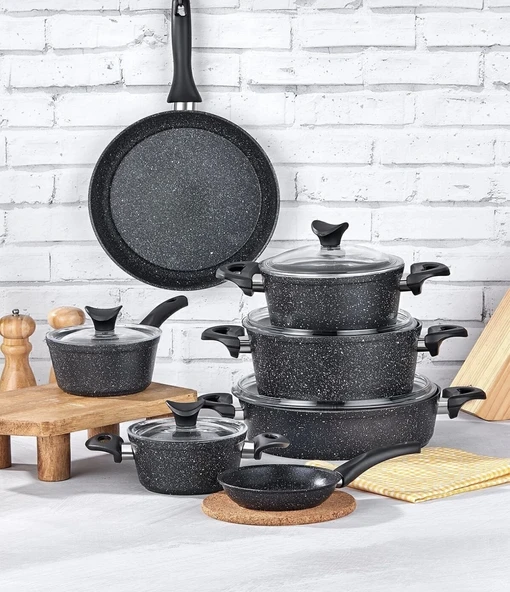 TAÇ MASTERCOOK FAMİLY 12 PARÇA GRANİT TENCERE SETİ SİYAH ürün görseli 1
