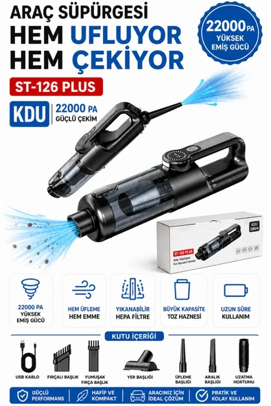 ST-126 Plus 22000Pa Kablosuz Araç Süpürgesi Güçlü Çekim Üflemeli Dijital Ekranlı Işıklı El Süpürgesİ (Siyah) ürün görseli 1