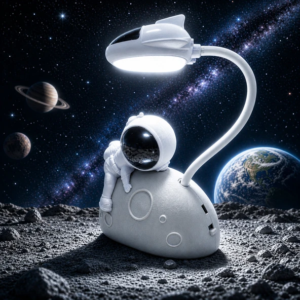 ÖZELTASARIM AY ÜSTÜNDE BEYAZ ASTRONOTLU GECE LAMBASI BEYAZ LED IŞIKLI ASTRONOTLU MASA LAMBASI ŞARJLI ürün görseli 1